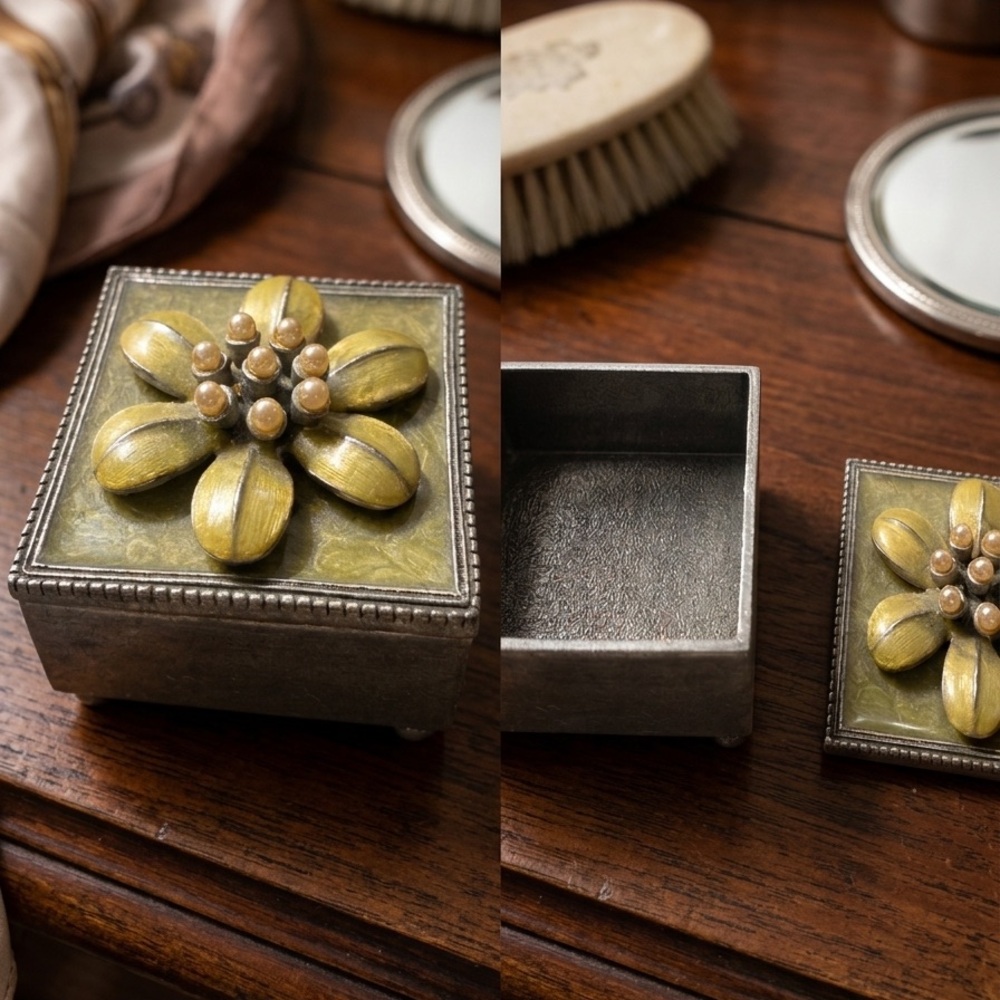 Anthropologie Pewter Metal & Enamel Trinket Box Flower Pink Pearl Ring 2x2”